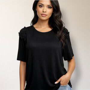 New After Market Women’s S Black Ruffle Shoulder‎ Flowy Short Sleeve Blouse Boho